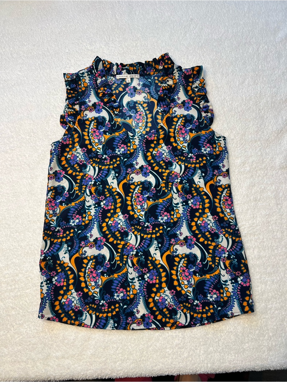Sleeveless Ruffle Neck Printed Top - navy/Multi